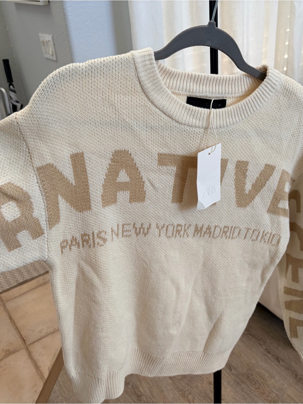 ZARA Cream Sweater with Tan Lettering